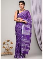 Linen Purple Casual Wear Printed Saree